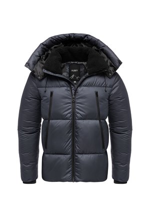 Marineblaues Pufferjackett mit abnehmbarer Kapuze, kragen aus Fell und Reißverschluss-Taschen. Glänzende Oberfläche mit gestepptem Muster und verstellbaren Kordelzügen.