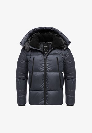 Marineblaues Pufferjackett mit abnehmbarer Kapuze, kragen aus Fell und Reißverschluss-Taschen. Glänzende Oberfläche mit gestepptem Muster und verstellbaren Kordelzügen.