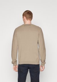 Beige sweater with long sleeves, ribbed cuffs, and textured back panel. Casual fit with a round neckline, worn over dark trousers.