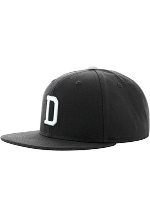 Black baseball cap made of cotton, featuring a flat brim, structured design, and a white embroidered "D" on the front panel.
