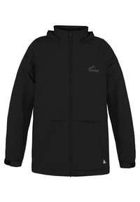 Černá kapucňová bunda vyrobená z hladkého materiálu, s zipovým uzávěrem, dvěma předními kapsami a logem na levém horním okraji. Nastavitelné manžety.