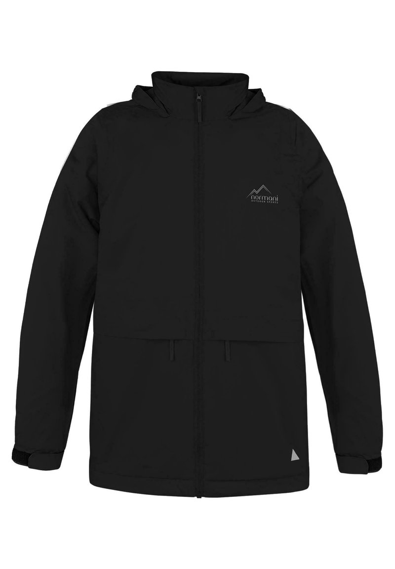 Černá kapucňová bunda vyrobená z hladkého materiálu, s zipovým uzávěrem, dvěma předními kapsami a logem na levém horním okraji. Nastavitelné manžety.