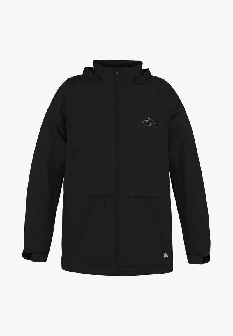 Black hooded jacket made of smooth fabric, featuring a zip closure, two front pockets, and a logo on the upper left. Adjustable cuffs.