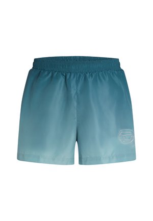 Costumi da bagno turchesi con vita elastica, texture liscia e un design ricamato bianco sul lato sinistro inferiore.