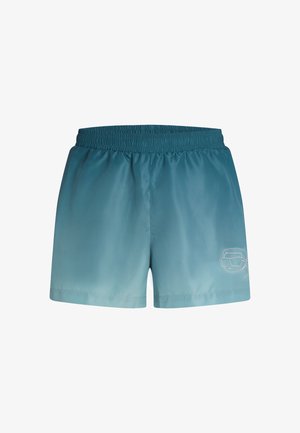 Costumi da bagno turchesi con vita elastica, texture liscia e un design ricamato bianco sul lato sinistro inferiore.