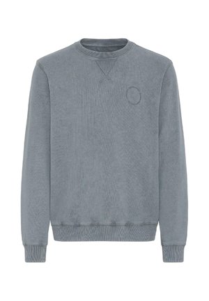 Grijze sweater met een ronde halslijn, geribbelde manchetten en zoom, een gestructureerde stof en een subtiel cirkelvormig logo aan de voorkant.