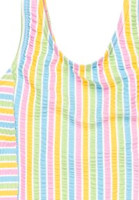 Farverig stribet tanktop med lodrette linjer i pink, gul, lys grøn og blå. Stof er tekstureret med et ribbet mønster.