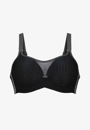 Top sportivo nero con coppe imbottite, pannello in rete al centro e motivo a pois realizzato in tessuto traspirante. Spalline grigie regolabili per una vestibilità ottimale.