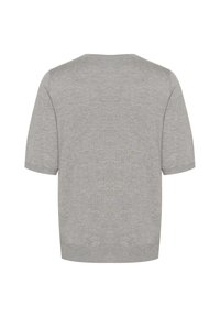 Šedý pletený svetr s krátkým rukávem a kulatým výstřihem, s hladkou texturou a volným střihem. Jednoduchý design bez vzorů nebo akcentů.