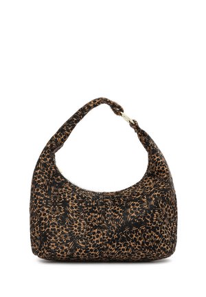 Black and brown patterned handbag with a soft fabric exterior, curved handle, and a rounded shape. Features a smooth, textured surface.