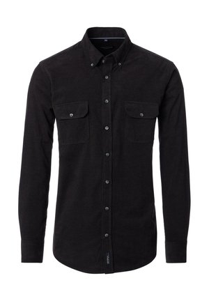 Schwarzes Hemd mit Knopfleiste aus strukturiertem Stoff, ausgestattet mit Kragen, langen Ärmeln und zwei Brusttaschen mit Knopfverschluss.