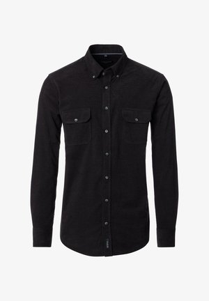 Schwarzes Hemd mit Knopfleiste aus strukturiertem Stoff, ausgestattet mit Kragen, langen Ärmeln und zwei Brusttaschen mit Knopfverschluss.