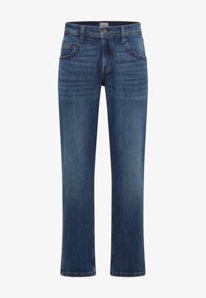 Jeans de mezclilla azul con un diseño de pierna recta, cinco bolsillos y un ligero desgastado en los muslos. Detalle de costura clásica en toda la prenda.