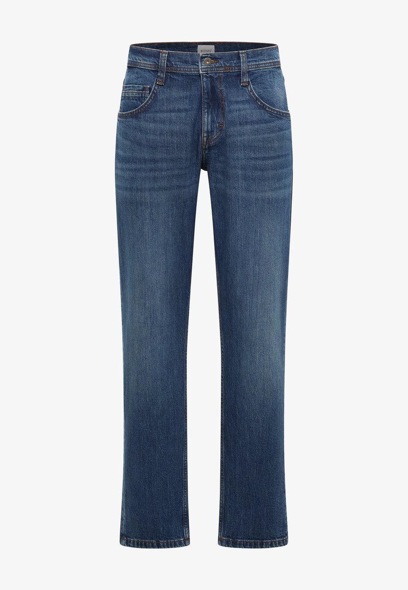 Jeans de mezclilla azul con un diseño de pierna recta, cinco bolsillos y un ligero desgastado en los muslos. Detalle de costura clásica en toda la prenda.