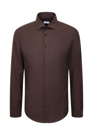 Donkerbruin overhemd met lange mouwen, knoopsluiting en een klassieke kraag, met een ronde zoom, gemaakt van een gladde, licht gestructureerde stof.
