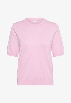Pull rose à manches courtes en tissu doux, avec un col rond, une coupe légèrement ample et des poignets et un ourlet côtelés.