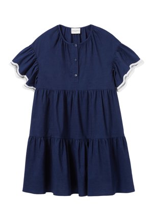 Robe en coton bleu marine avec de courtes manches volantées, fermeture à boutons sur le devant et design de jupe à volants ; présente des détails en dentelle aux bordures des manches.
