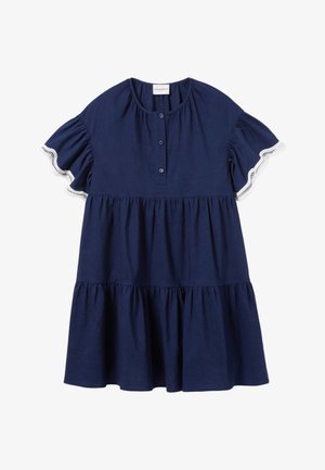 Robe en coton bleu marine avec de courtes manches volantées, fermeture à boutons sur le devant et design de jupe à volants ; présente des détails en dentelle aux bordures des manches.