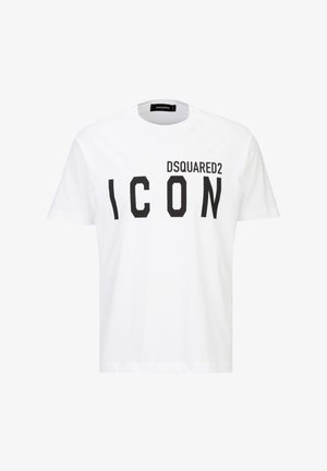 Wit katoenen T-shirt met grote zwarte blokletters die "DSQARED2 ICON" spellen aan de voorkant, ronde halslijn en korte mouwen.