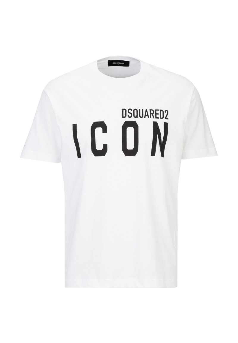 Weißes Baumwoll-T-Shirt mit großen schwarzen Blockbuchstaben "DSQARED2 ICON" auf der Vorderseite, Rundhalsausschnitt und kurzen Ärmeln.