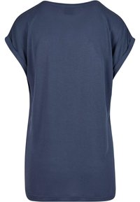 T-shirt bleu marine à manches courtes avec poignets retroussés et encolure ronde, présenté de dos sur fond blanc.
