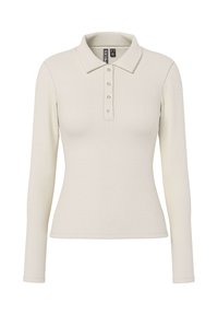 Käivitusvarrukatega polo-särk heledast ribakanga materjalist, millel on kraega kaelus ja viis metallist nuppu ees. Kitsas disain.