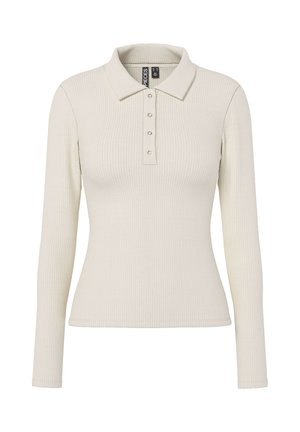 Polo a maniche lunghe in tessuto a coste bianco sporco con collo a giro e cinque bottoni metallici sul davanti. Design aderente.