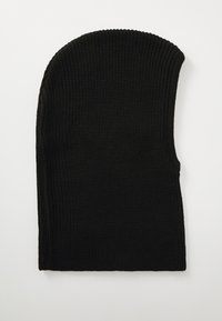 Black knitted balaclava with a ribbed texture and elongated shape, designed to cover the head and neck, featuring a seamless finish.