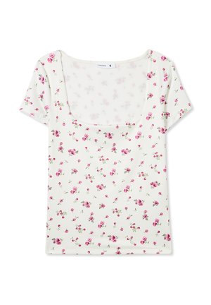 Top floreale a maniche corte con scollatura ampia, realizzato in tessuto leggero. Caratterizzato da uno sfondo bianco con motivi di rose rosa sparse.