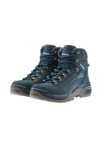 Scarpe da trekking blu realizzate in pelle e rete, con occhielli metallici per i lacci, suola con battistrada testurizzato e punta rinforzata per una maggiore durata.