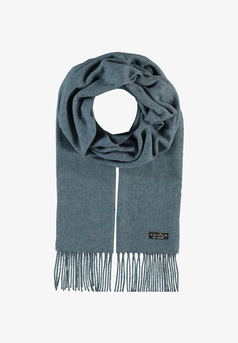 Blå tørklæde lavet af blødt stof, med et loopsdesign og frynsede ender. Indeholder et lille mærkelabel i sort.