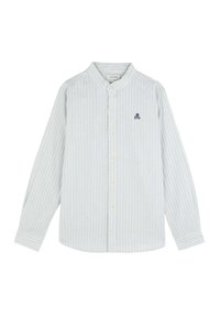 Camicia a maniche lunghe a righe azzurre e bianche, abbottonata, con colletto arrotondato e un piccolo logo di teschio blu navy sul lato sinistro del petto.
