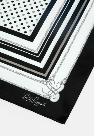 Svila šal s crnim, bijelim i sivim prugama s točkicama i uzorkom užeta, uokviren čvrstim crnim rubom. Logo marke u kutu.
