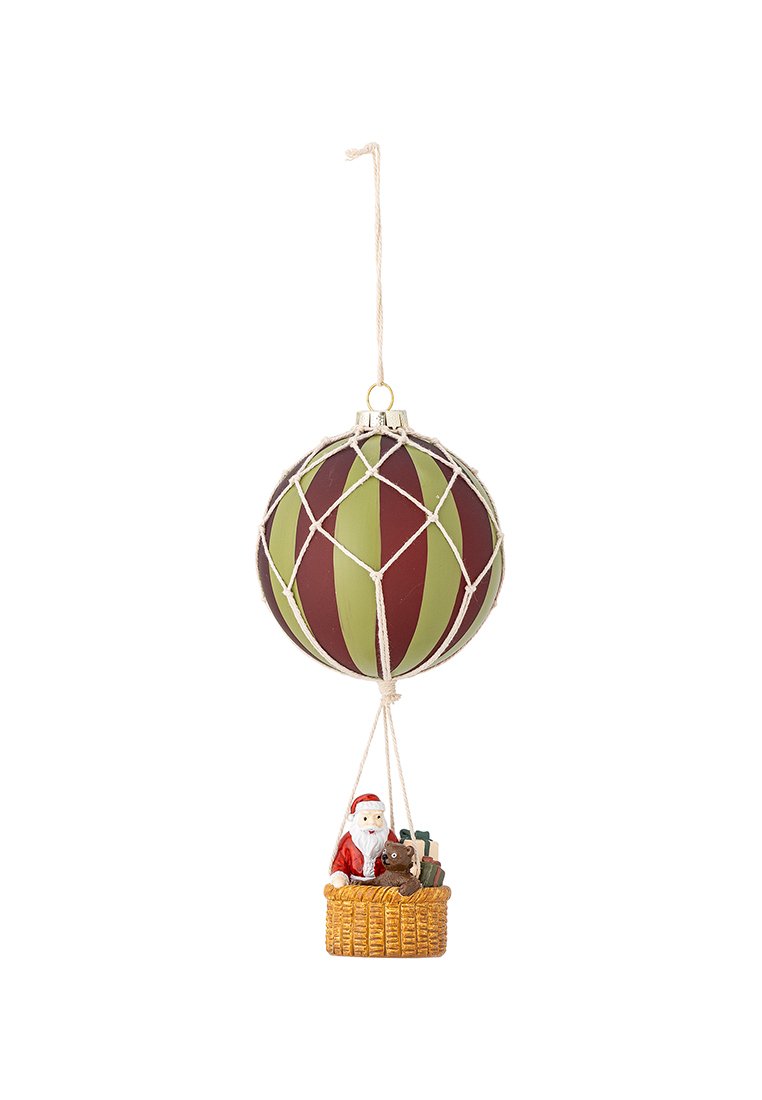 Ornement de montgolfière rayée rouge et verte avec un panier tissé, présentant une figurine de Santa tenant des cadeaux et un ours en peluche.
