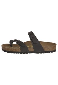 Sandalía negra de dos correas con hebillas ajustables, plantilla de corcho, suela texturizada y parte superior lisa. Diseño clásico adecuado para el uso casual.