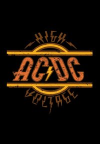 AC/DC-thema grafiek met vet, versleten rode en oranje tekst op een zwarte achtergrond, met bliksemflitsaccenten en een circulair ontwerp.