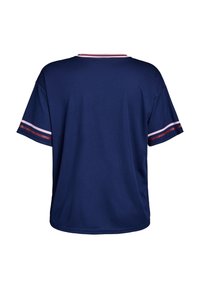 Navy blue t-shirt with a round neck, short sleeves featuring pink and maroon striped accents on the cuffs, made of smooth fabric.