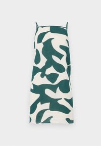 Abito con spalline sottili in crema con motivo camouflage astratto verde. Presenta una linea dritta e un tessuto leggero.