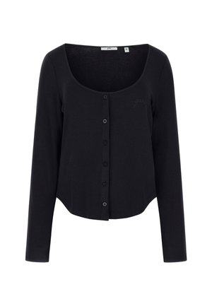 Svart ribbat långärmad cardigan med rundad halsringning, framknäppning med knappar och en liten broderad logga. Slät textur och figurnära design.