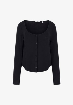 Czarny prążkowany kardigan z długim rękawem, z okrągłym dekoltem, zapinany na guziki z przodu, z małym haftowanym logo. Gładka struktura i dopasowany krój.