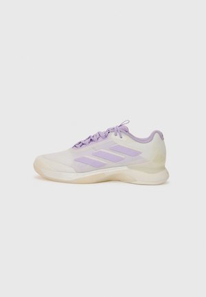 Lightweight athletic shoe in white and lavender, featuring a mesh upper, lace closure, three-stripe design on the side, and a cushioned sole.