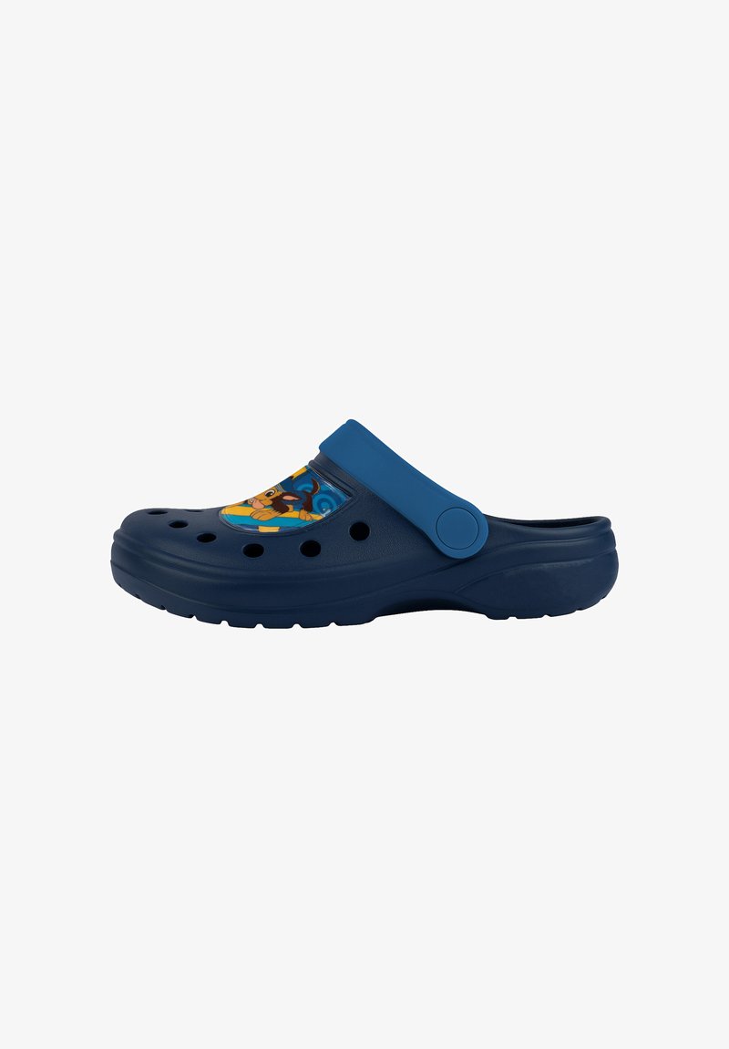 Blue plastic clog with ventilation holes, featuring a circular strap and a colorful cartoon graphic on the upper.