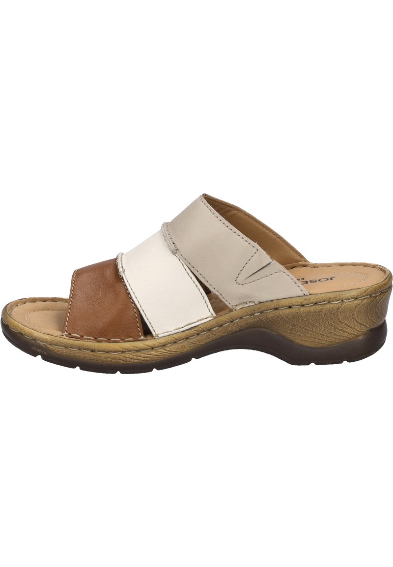 Brown, white, and tan leather slide sandals with a wedge heel, wide straps, and textured soles. Features stitched accents on the sides.
