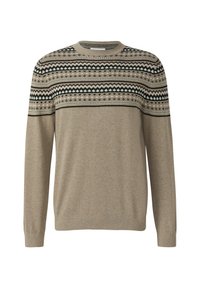 Beige lange mouw sweater met geribde manchetten en zoom, met een Noordse horizontale patroon in zwart, wit en donkergroen over de borst en schouders.