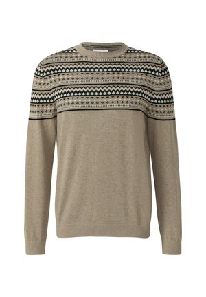 Beige long-sleeve sweater with ribbed cuffs and hem, featuring a Nordic-style horizontal pattern in black, white, and dark green across the chest and shoulders.