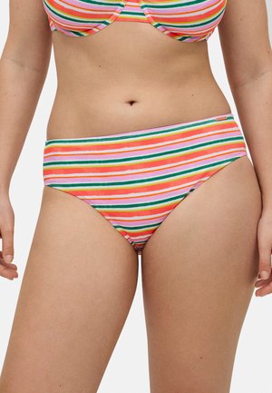 Bañador de bikini de rayas multicolores con rayas horizontales en rosa, naranja, verde y blanco, con una tela suave y elástica.
