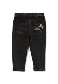 Zwarte denim leggings met een elastische tailleband, twee achterzakken en geborduurde tekst "Minnie Mouse!" met een strikontwerp op de rechterzak.