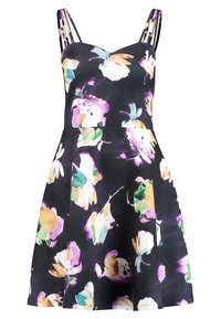 Černé šaty bez rukávů s širokou sukní, zdobené květinovým vzorem v odstínech fialové, zelené a žluté. Tenké pruhované ramínka. Hladká látka.