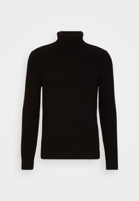 Suéter negro de cuello alto, confeccionado en tejido de punto acanalado, con mangas largas y un ajuste ceñido en el cuello y los puños, con un diseño minimalista.