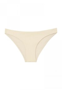 Braguita de bikini de color beige con canalé y un acabado suave, que presenta una cintura baja y una cobertura moderada a los lados. Textura de tela suave.